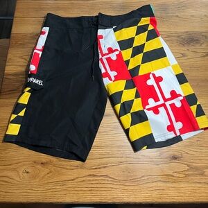 Route One Apparel Maryland Flag Boardshorts | Men’s XL | Black Swim Trunks